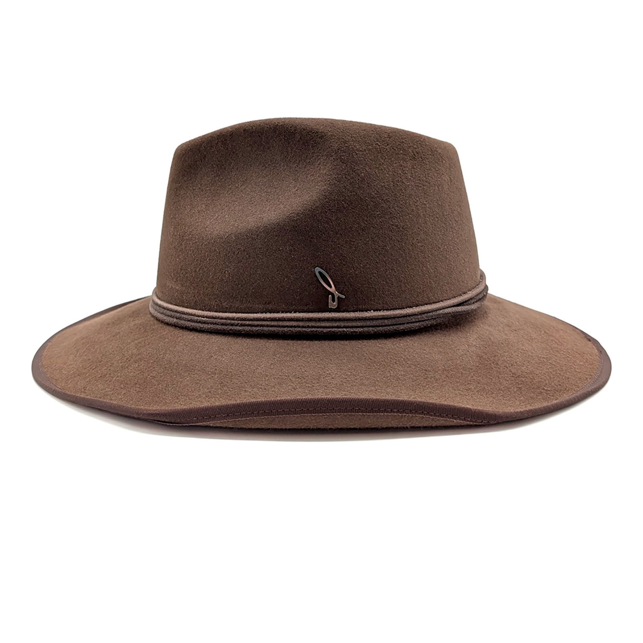 Brown fedora hat with a decorative band on a white background