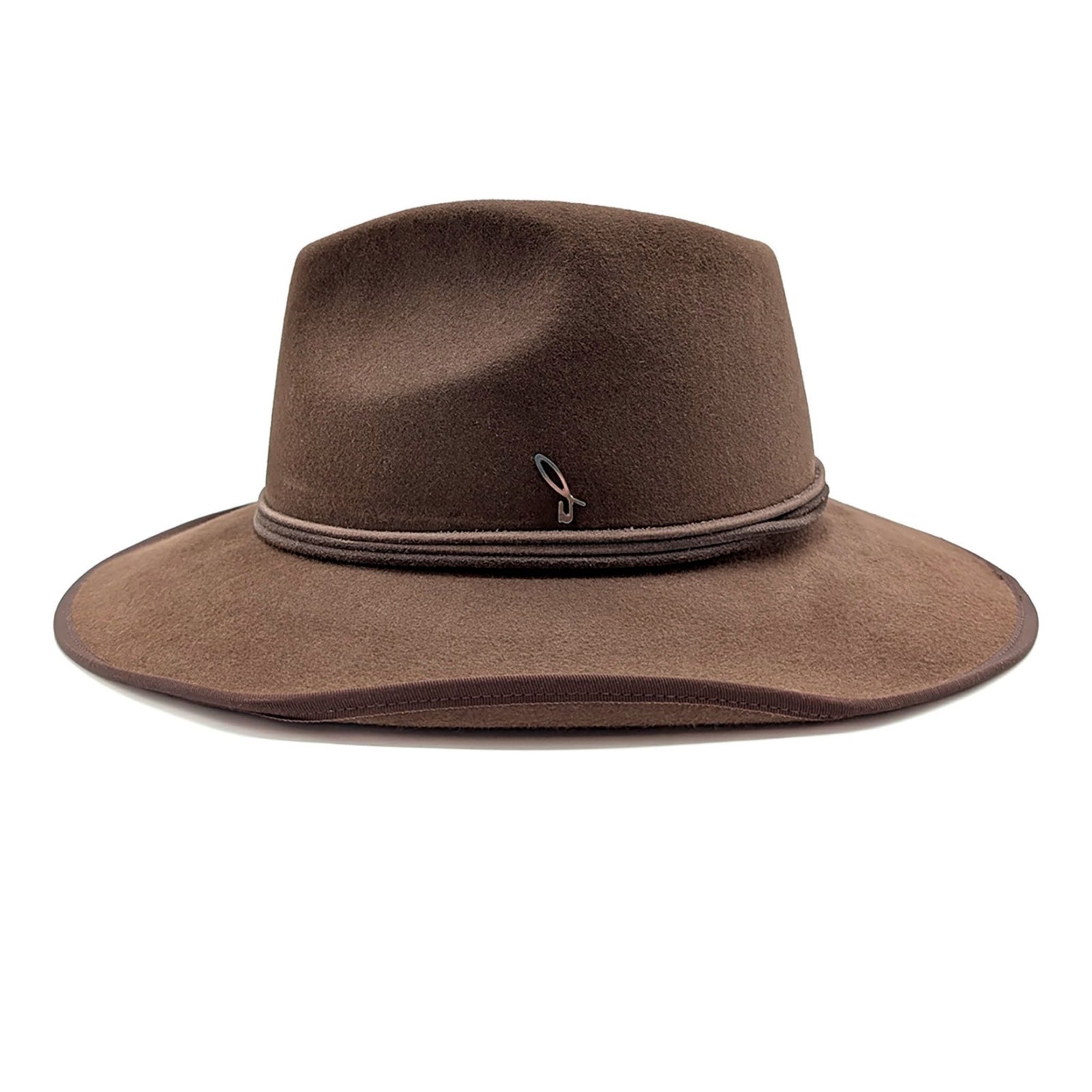 Brown fedora hat with a decorative band on a white background