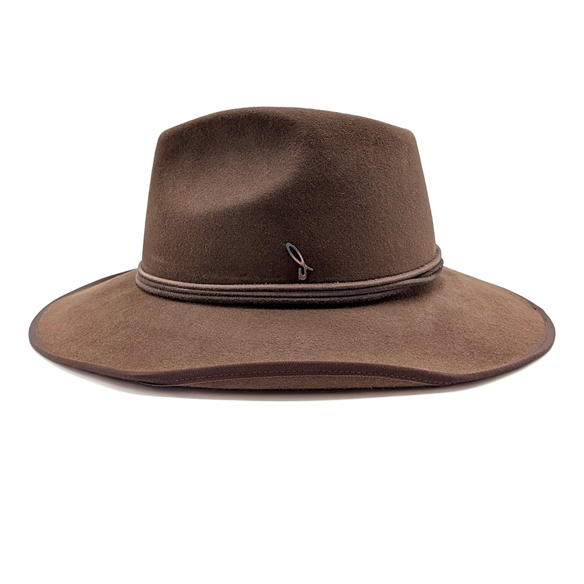 Brown fedora hat with a decorative band on a white background