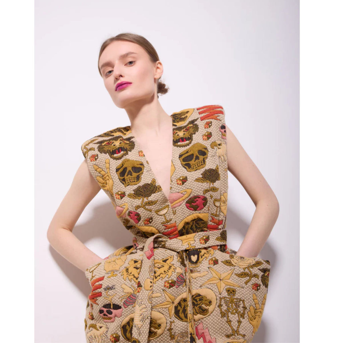 Jacquard Midi Dress With Bold Shoulders