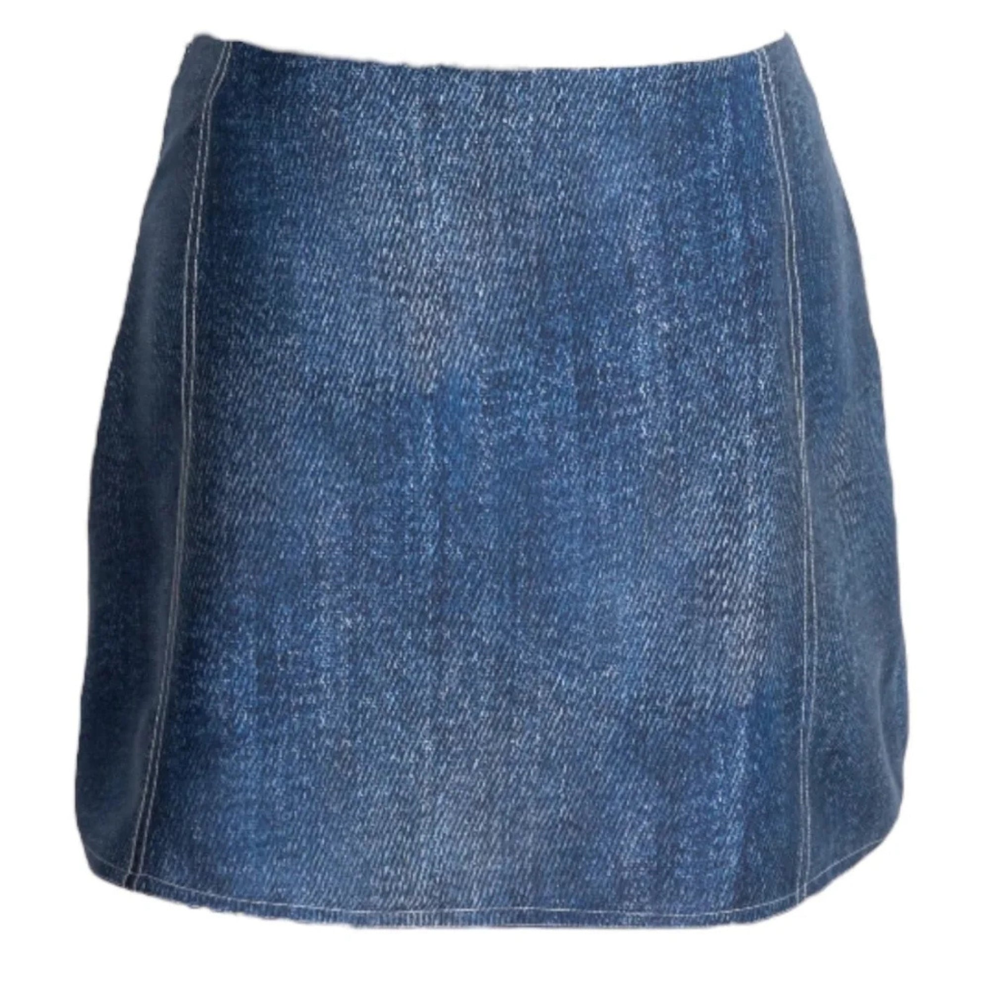 Dark Wash Denim Print Silk Mini Skirt