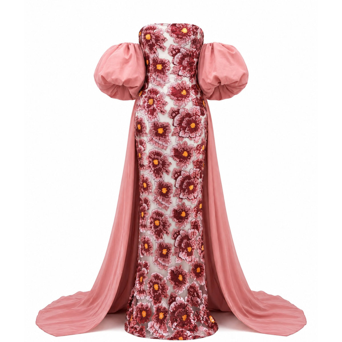 The Kaspia Gown Dress by ASHLEY STAMBOULI is a strapless, embellished gown with a fitted floral pattern of large maroon and yellow flowers, dramatic pink puffed sleeves, and floor-length flowing pink side panels.