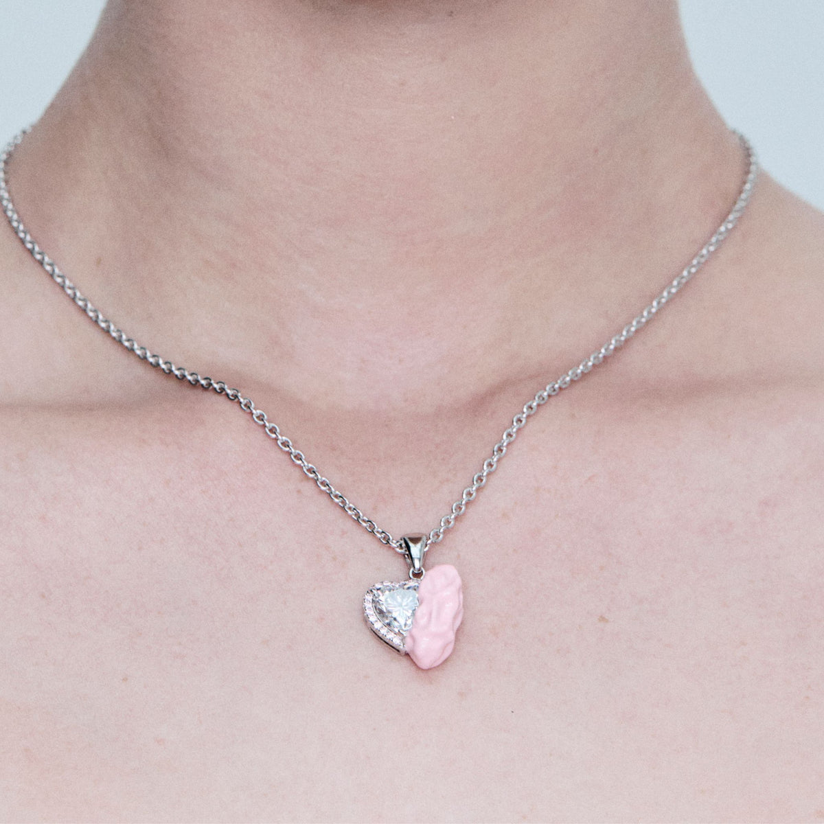 Pink Enamel Gum Heart Necklace with Clear Zirconia