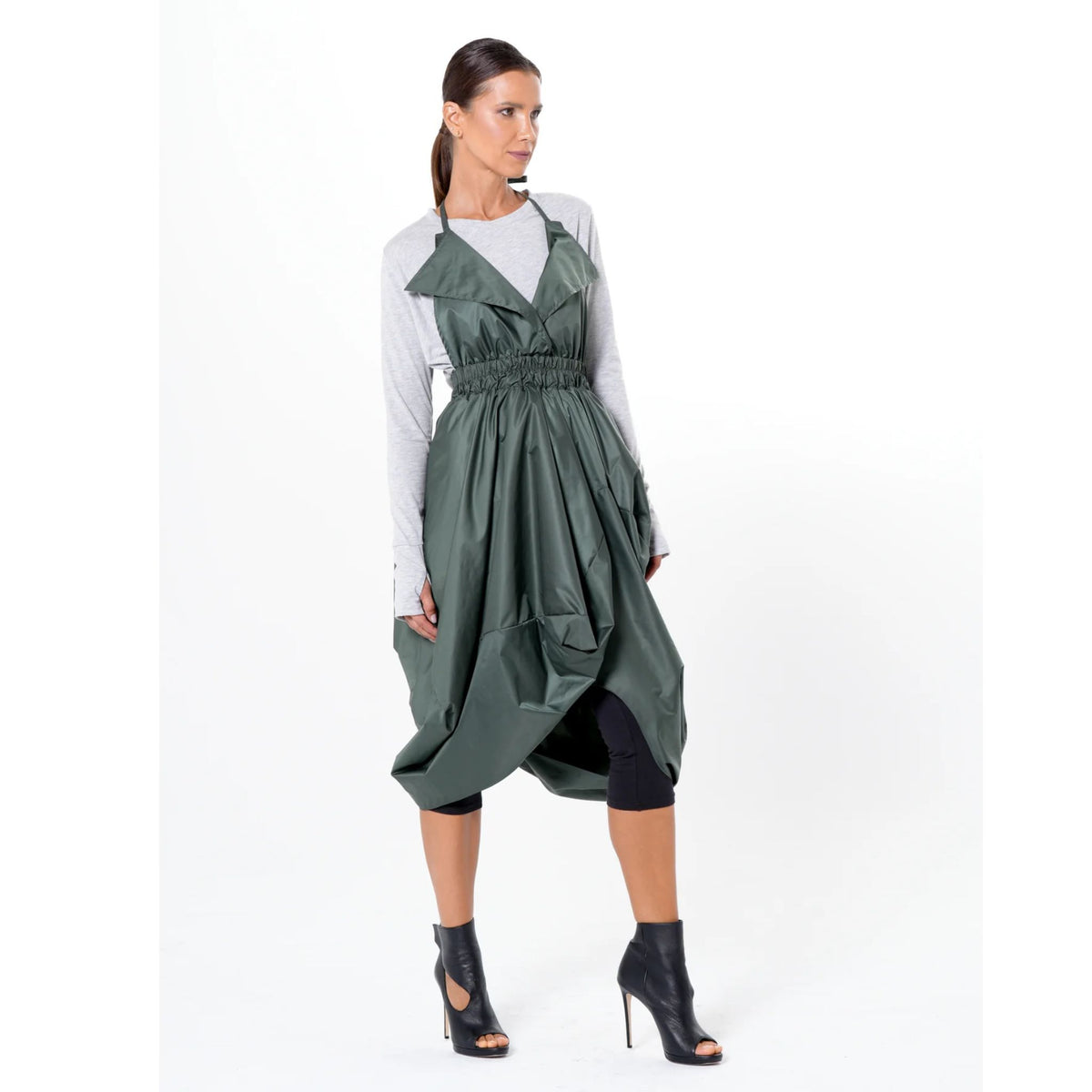 Draped Balloon Pinafore Dress In Green | PR Sample