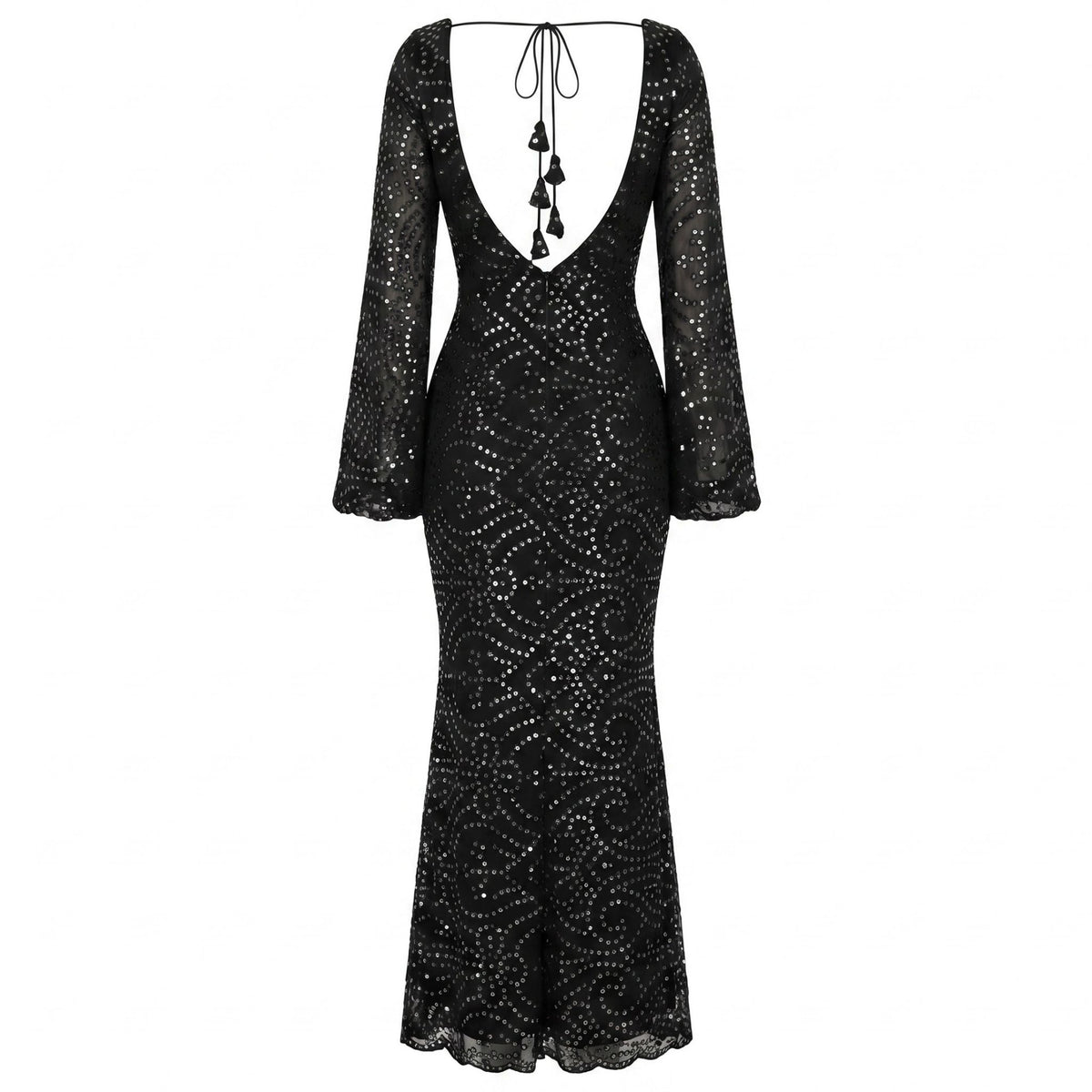 The Black Patra Mermaid Maxi Dress by INTERNATIONAL APPEAL features sheer bell sleeves, a deep V-back, tasseled tie closure, fitted silhouette, and sequin patterns for a blend of contemporary Indian luxury and timeless elegance.