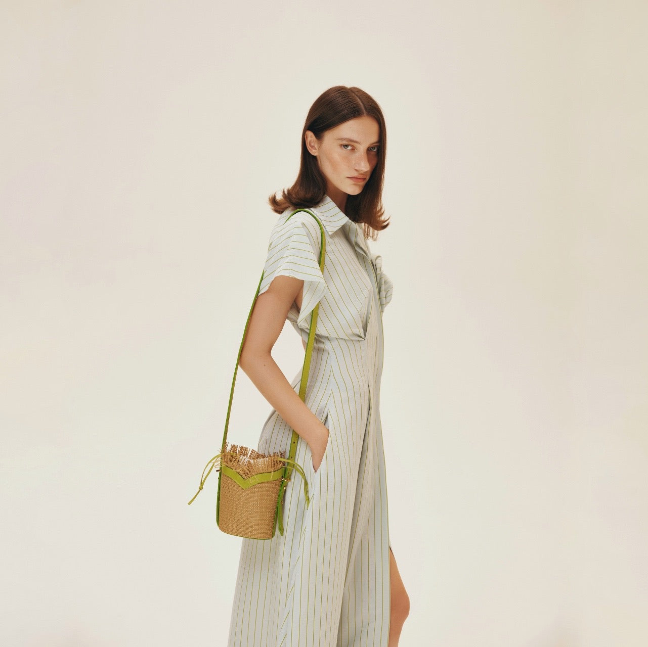 Beige Woven Mini Bucket Bag with Lime Green Leather Trim