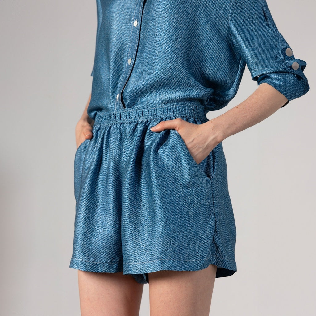 Light Denim Print Silk Shorts with Pockets