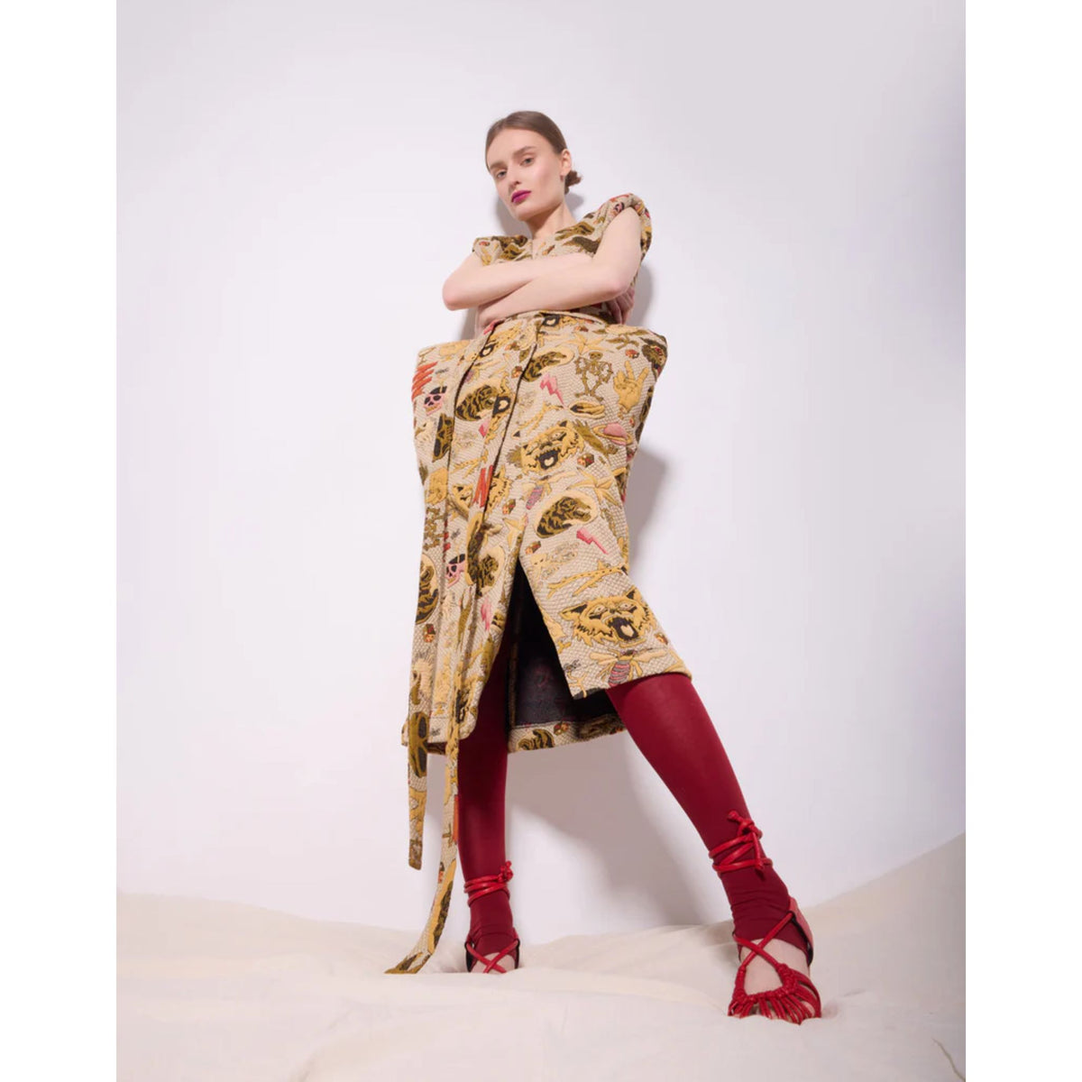 Jacquard Midi Dress With Bold Shoulders