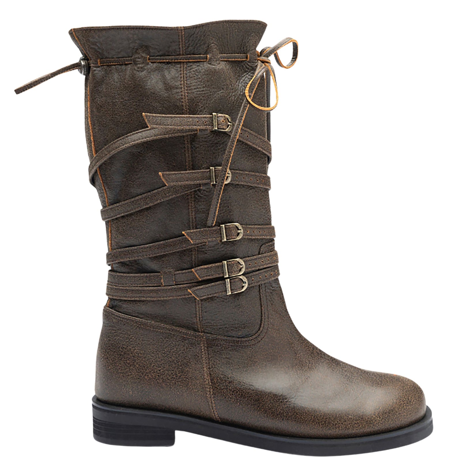 Brown Leather 
Multi‑Strap Buckle Mid‑Calf Boots