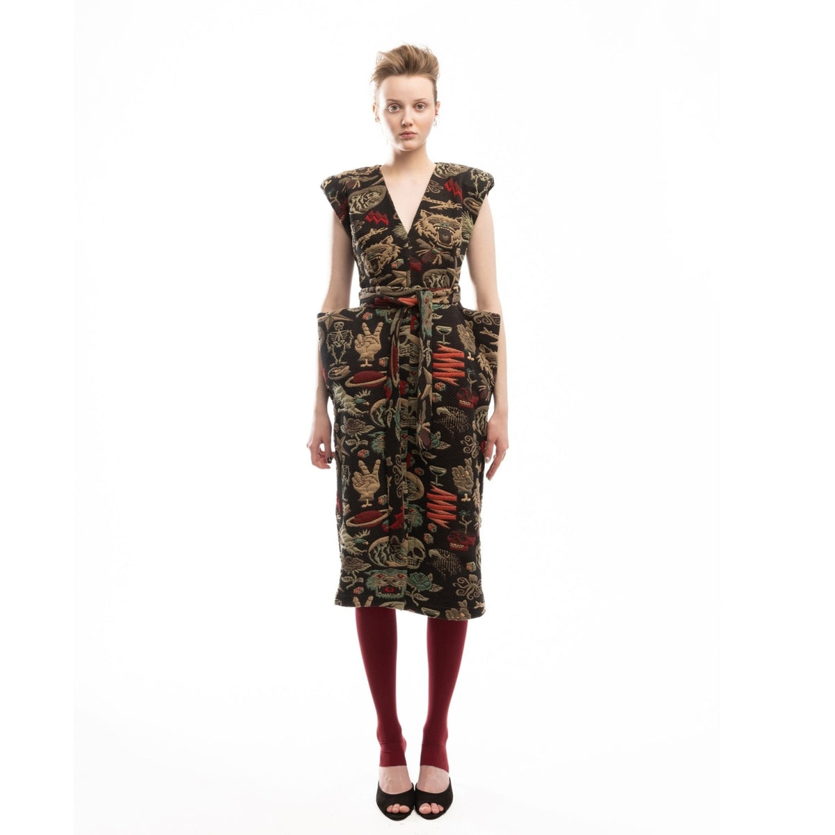 Fashion Midi Dress With Belt And Bold Shoulders Jacquard Black