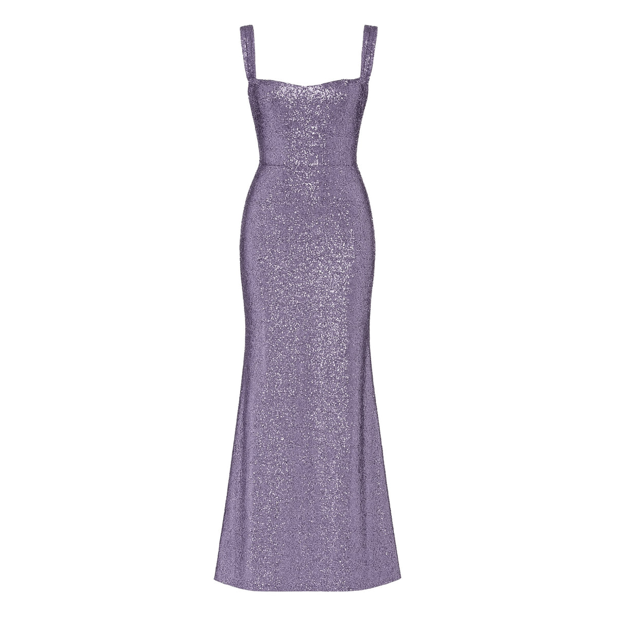 The Doria Dress by ASHLEY STAMBOULI is a sleeveless, floor-length mermaid gown in shimmery lavender, featuring wide shoulder straps and a slight flare at the hem.