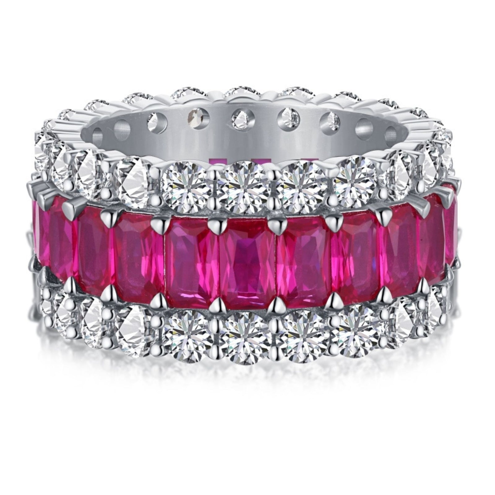 Ring with pink gemstones and diamonds on a white background