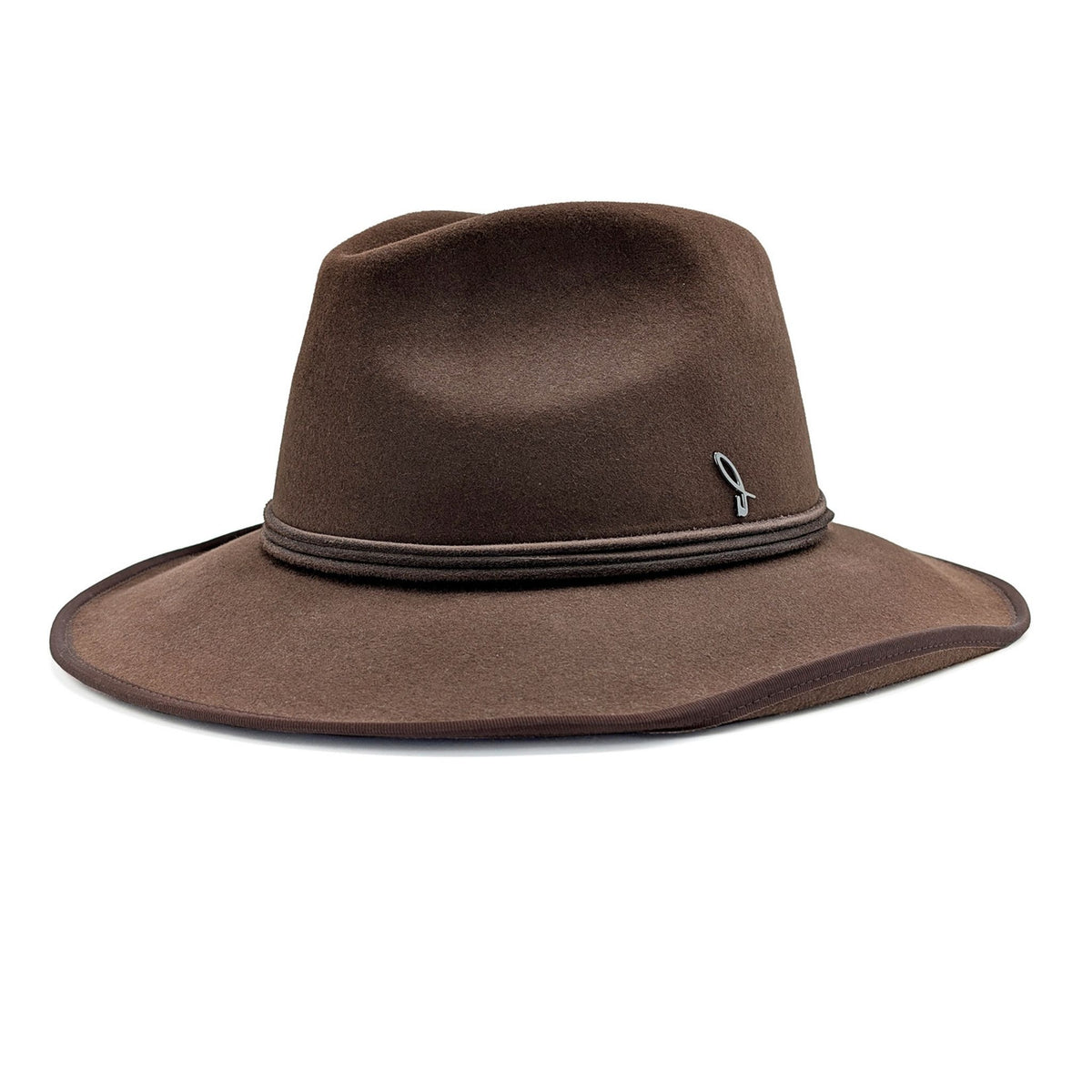 Brown fedora hat with a logo on a white background