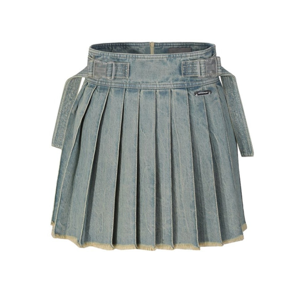 Buckle Strap Pleated Mini Denim Skirt
