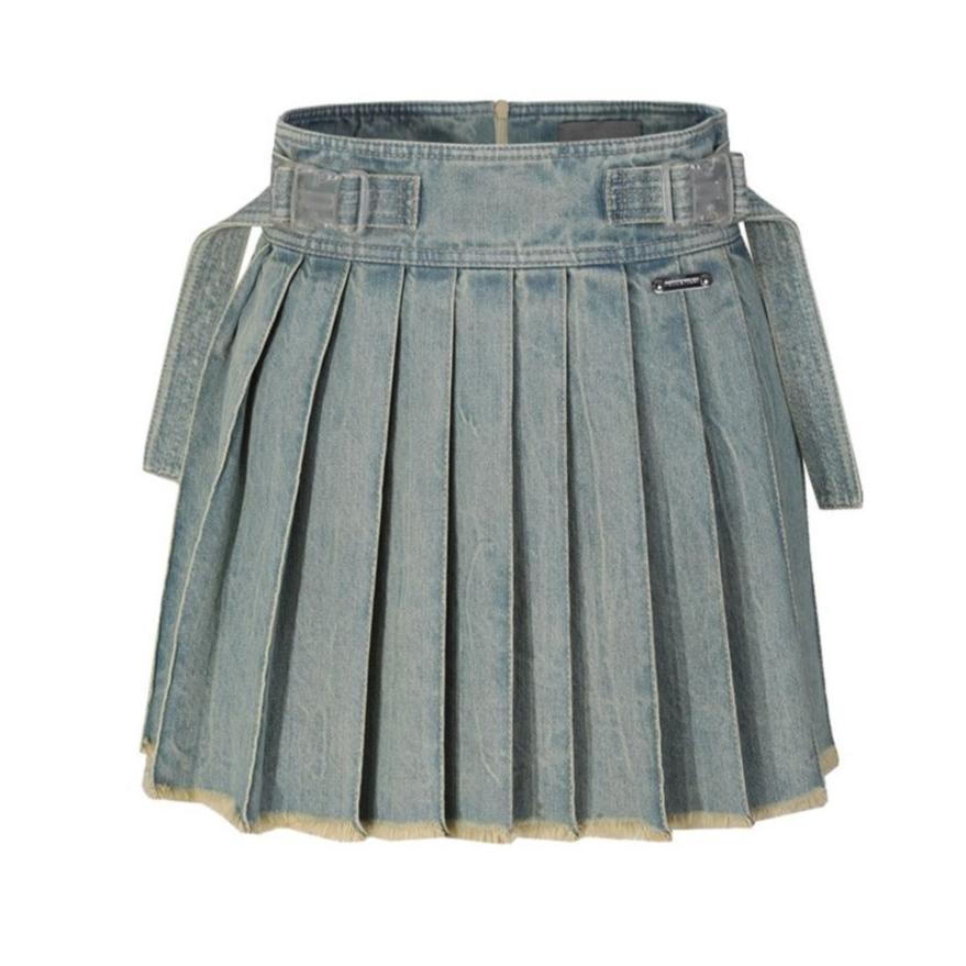 Buckle Strap Pleated Mini Denim Skirt