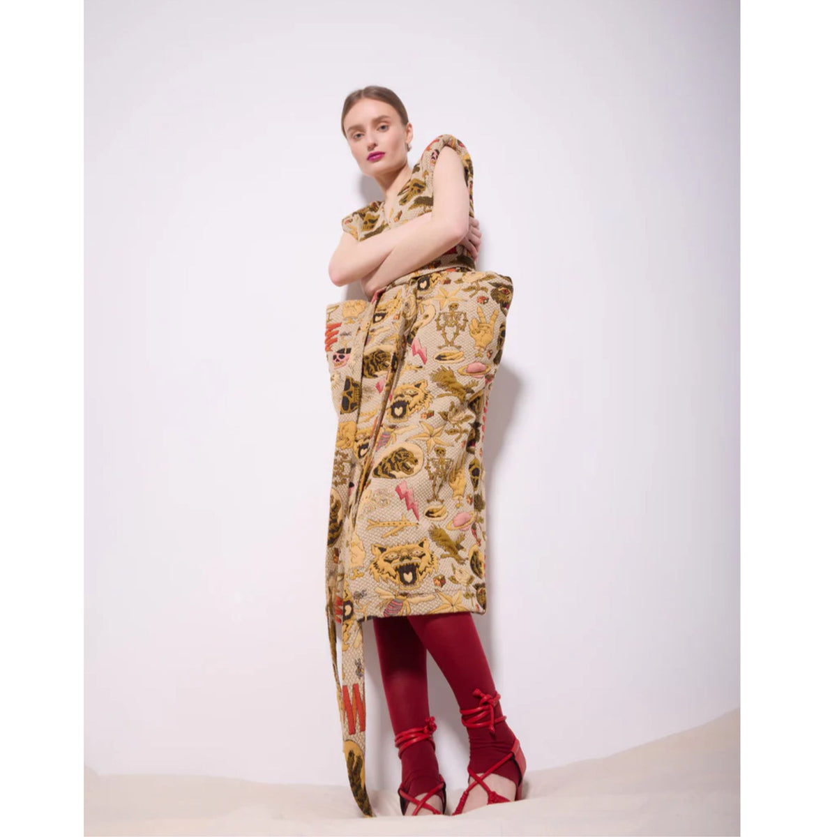 Jacquard Midi Dress With Bold Shoulders