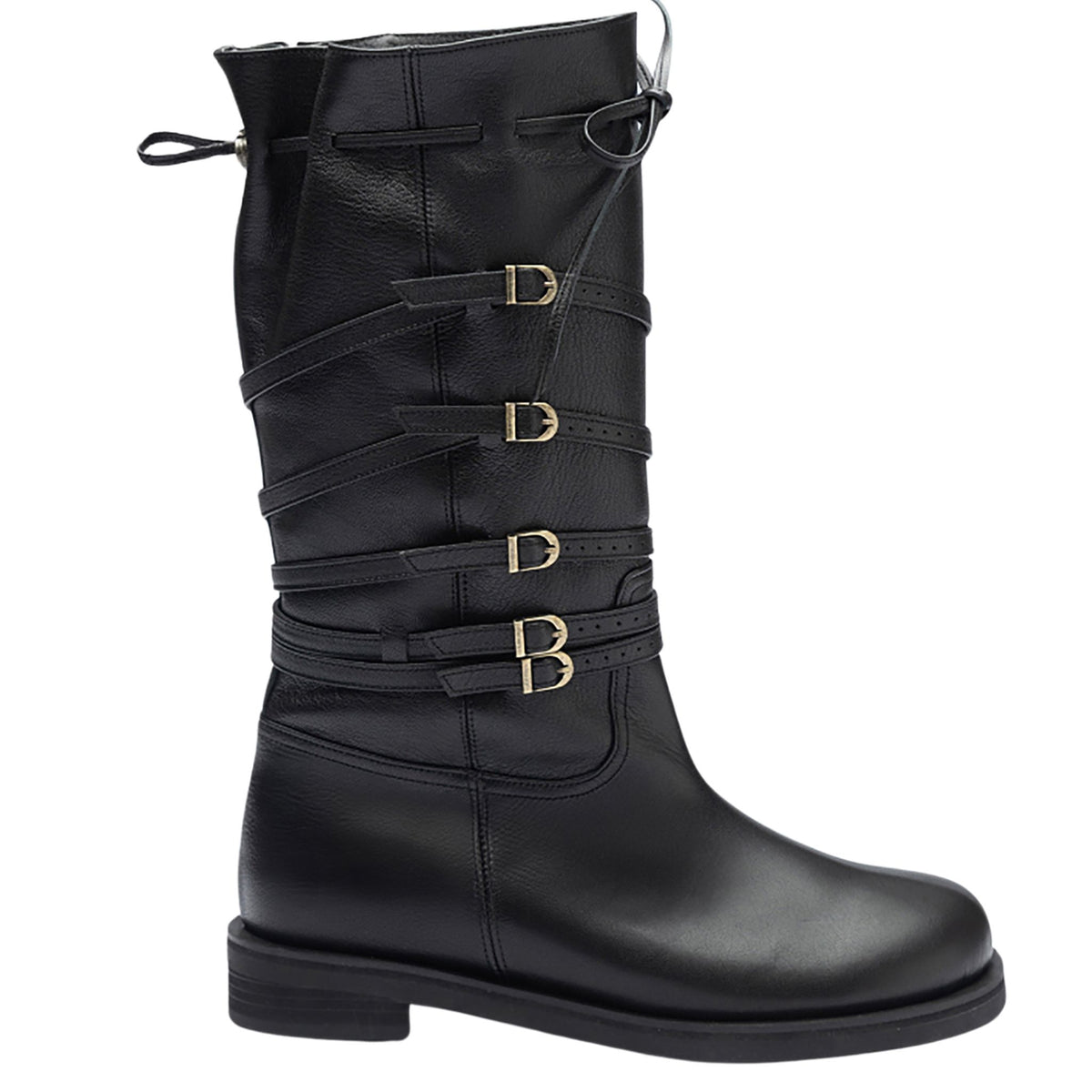 Black Leather 
Multi‑Strap Buckle Mid-Calf Boots