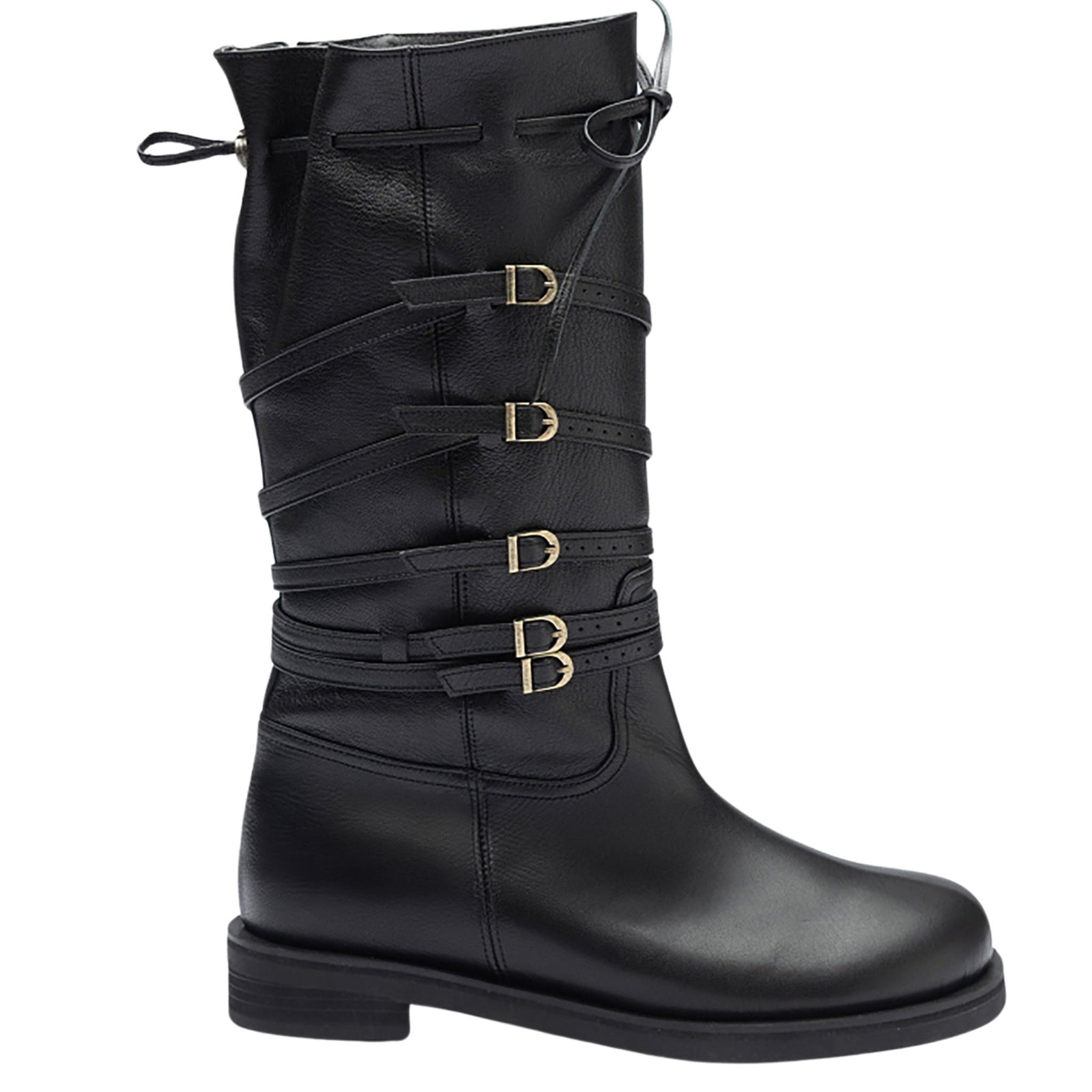 Black Leather 
Multi‑Strap Buckle Mid-Calf Boots