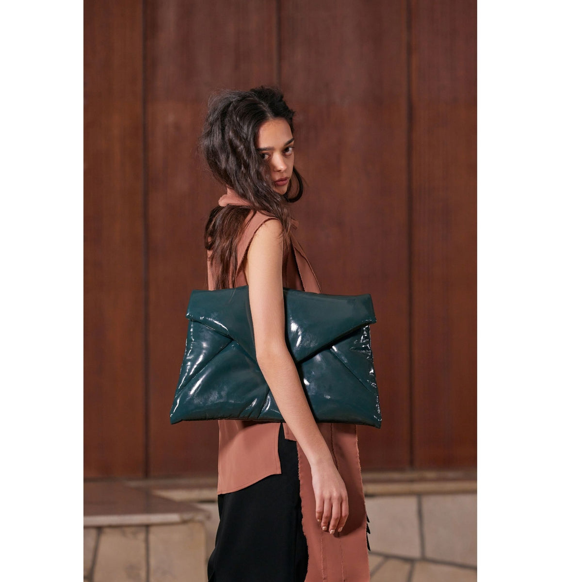 Glossy Patent Envelope Clutch Bag | Emerald