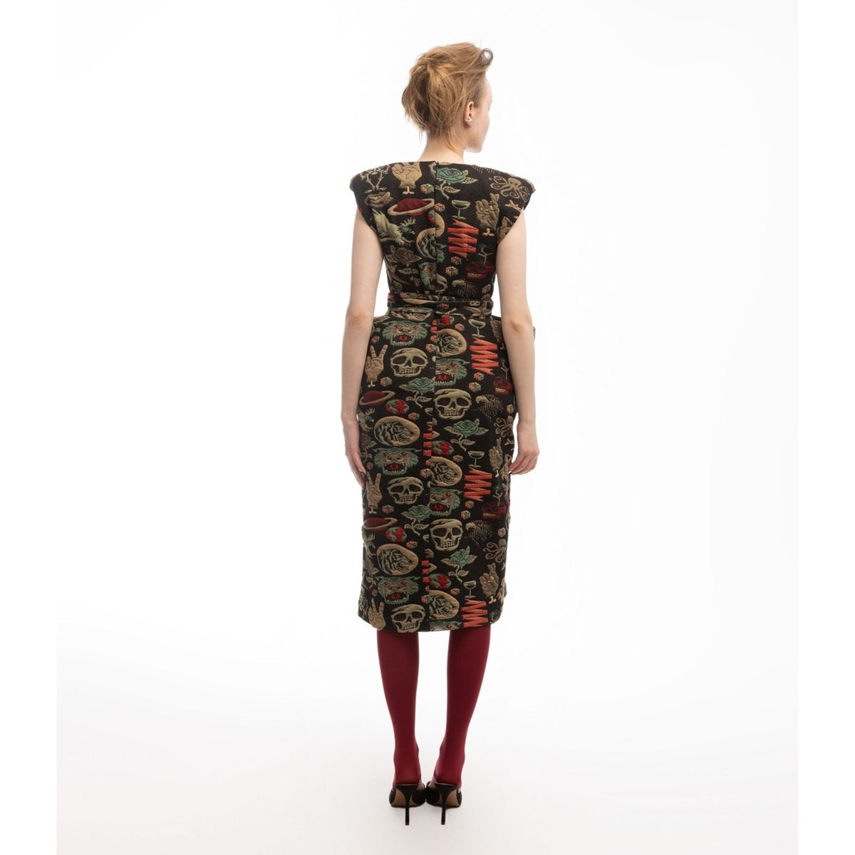 Fashion Midi Dress With Belt And Bold Shoulders Jacquard Black