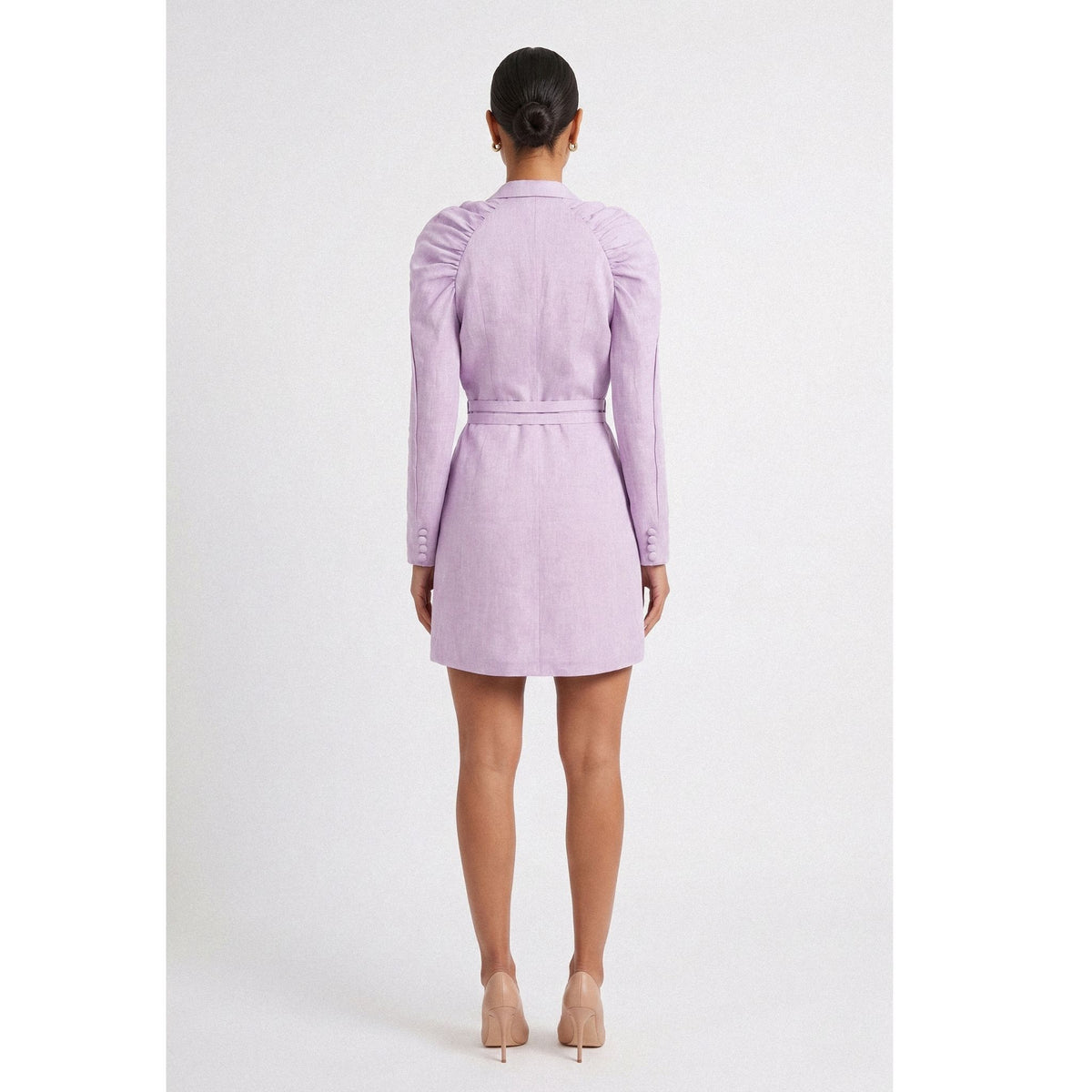 Gathered Raglan Sleeve Linen Blazer Dress With Double Belt - Lilac