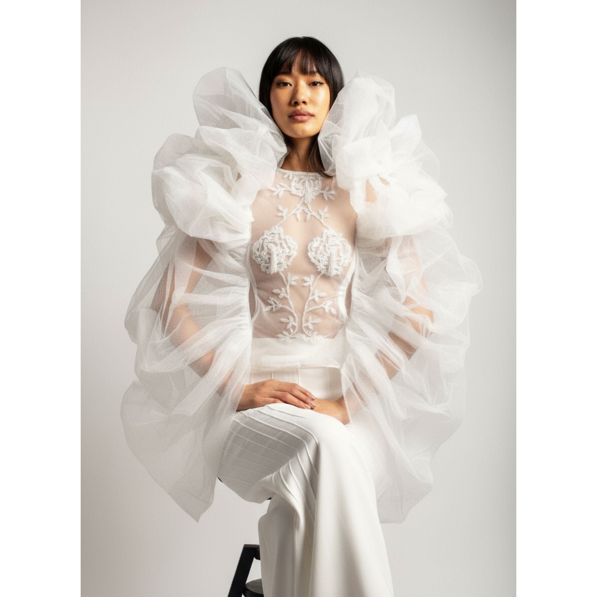 Embroidered Top with Detachable Sleeves | White