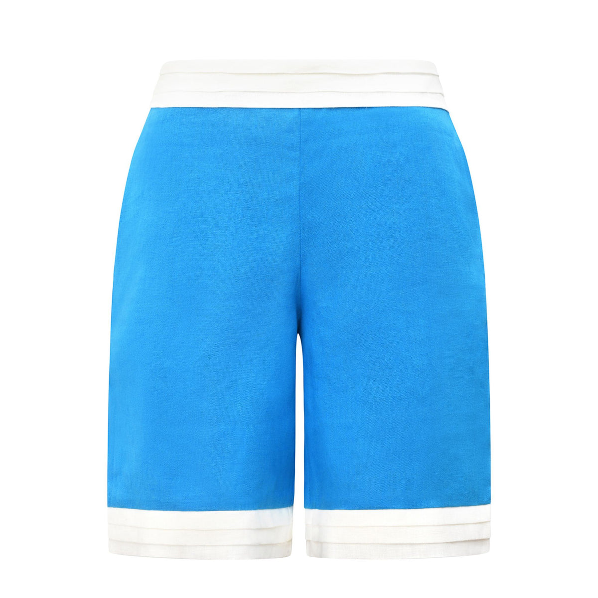 Front view of turquoise linen Bermuda shorts with white pleated trim