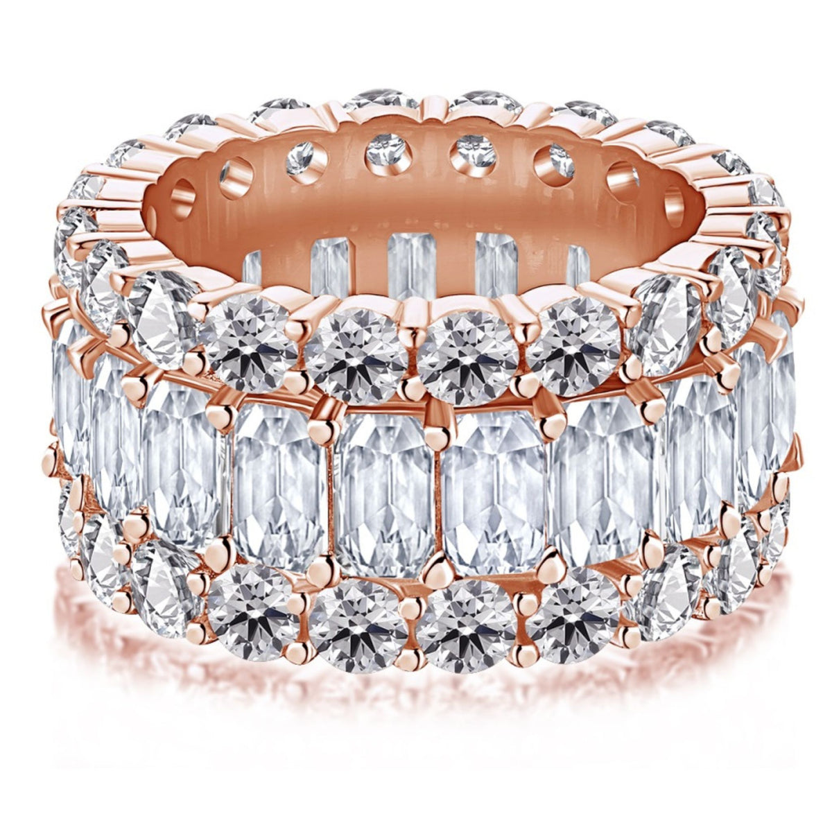 Rose gold and diamond ring on a white background