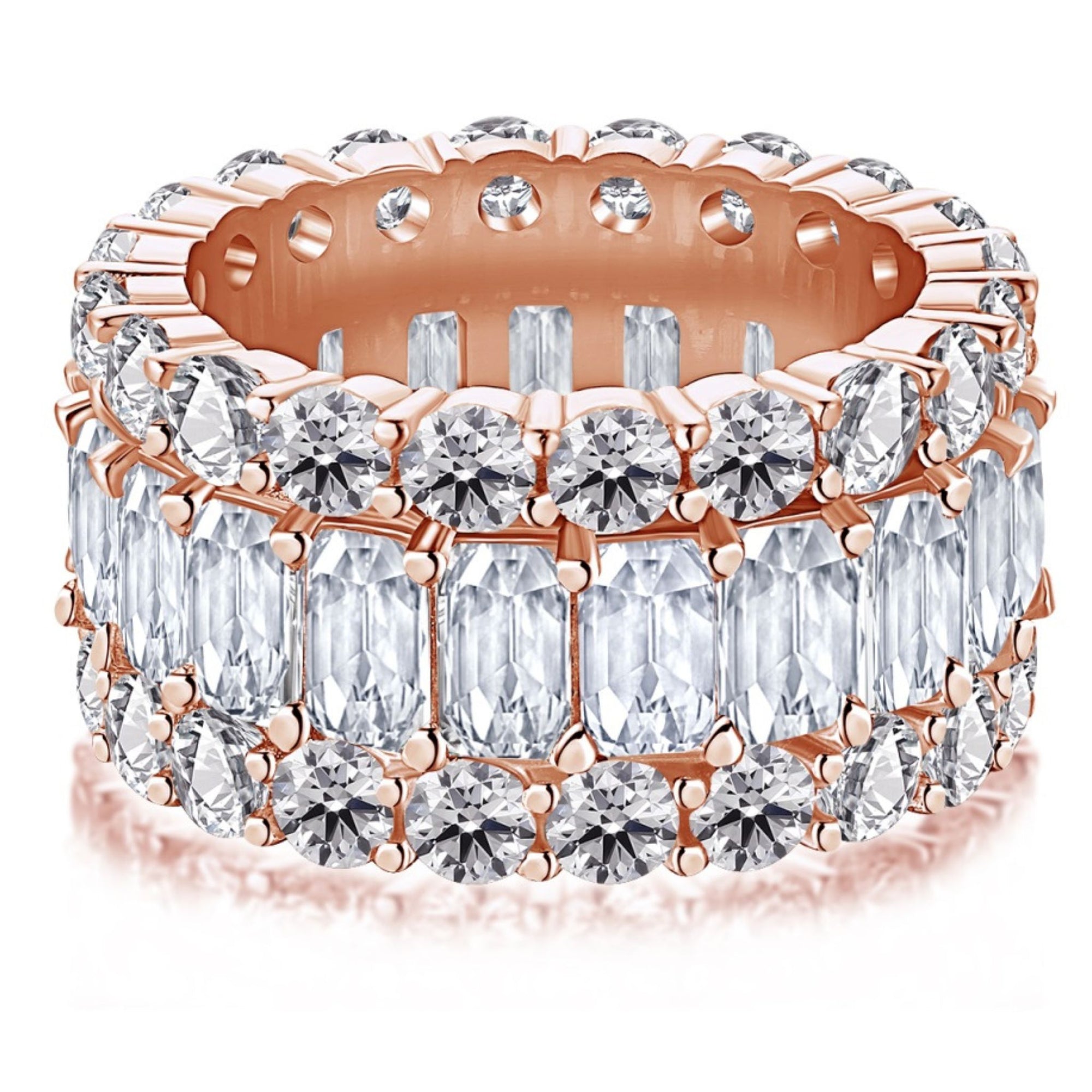 Rose gold and diamond ring on a white background