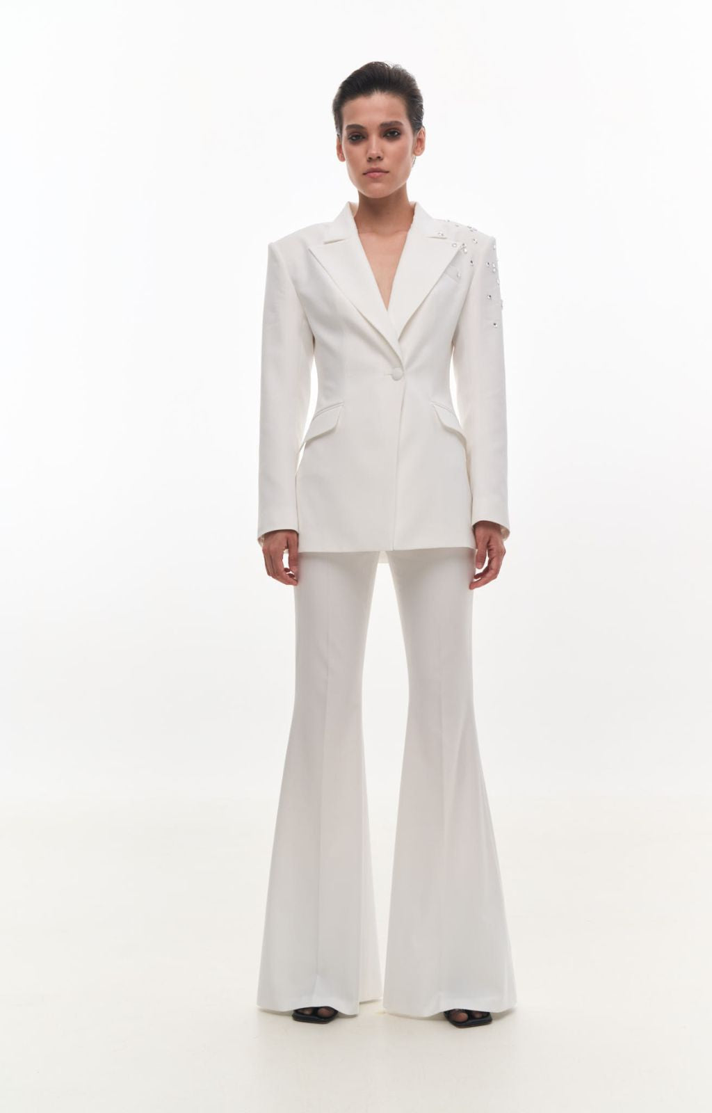 KRIS MARAN -Flared Pants With Crystals | Ecru buy at DOORS NYC