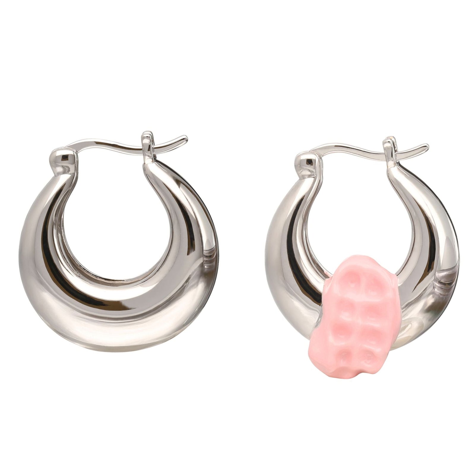 Silver hoop earrings with a pink center on a white background