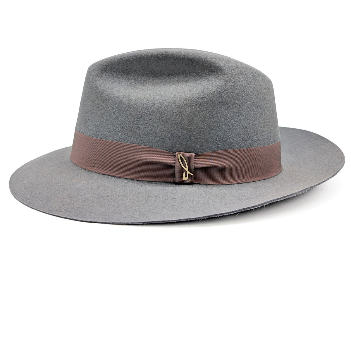 Gray fedora hat with a brown band on a white background