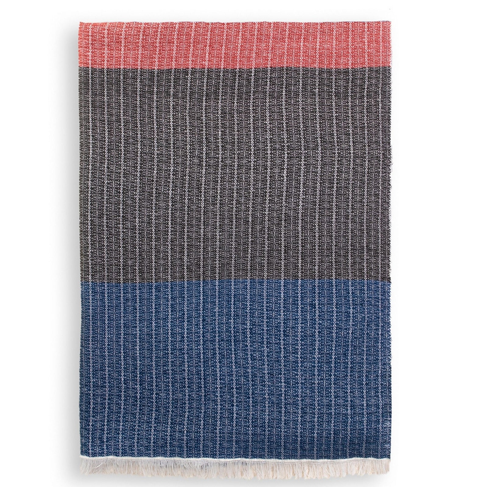 The OO-TO Rough Weave Plain Unisex Scarf features a folded woven cashmere design with vertical white stripes, color blocks in red, black, and blue, plus a white fringe—blending luxury fashion with Nepalese craftsmanship.