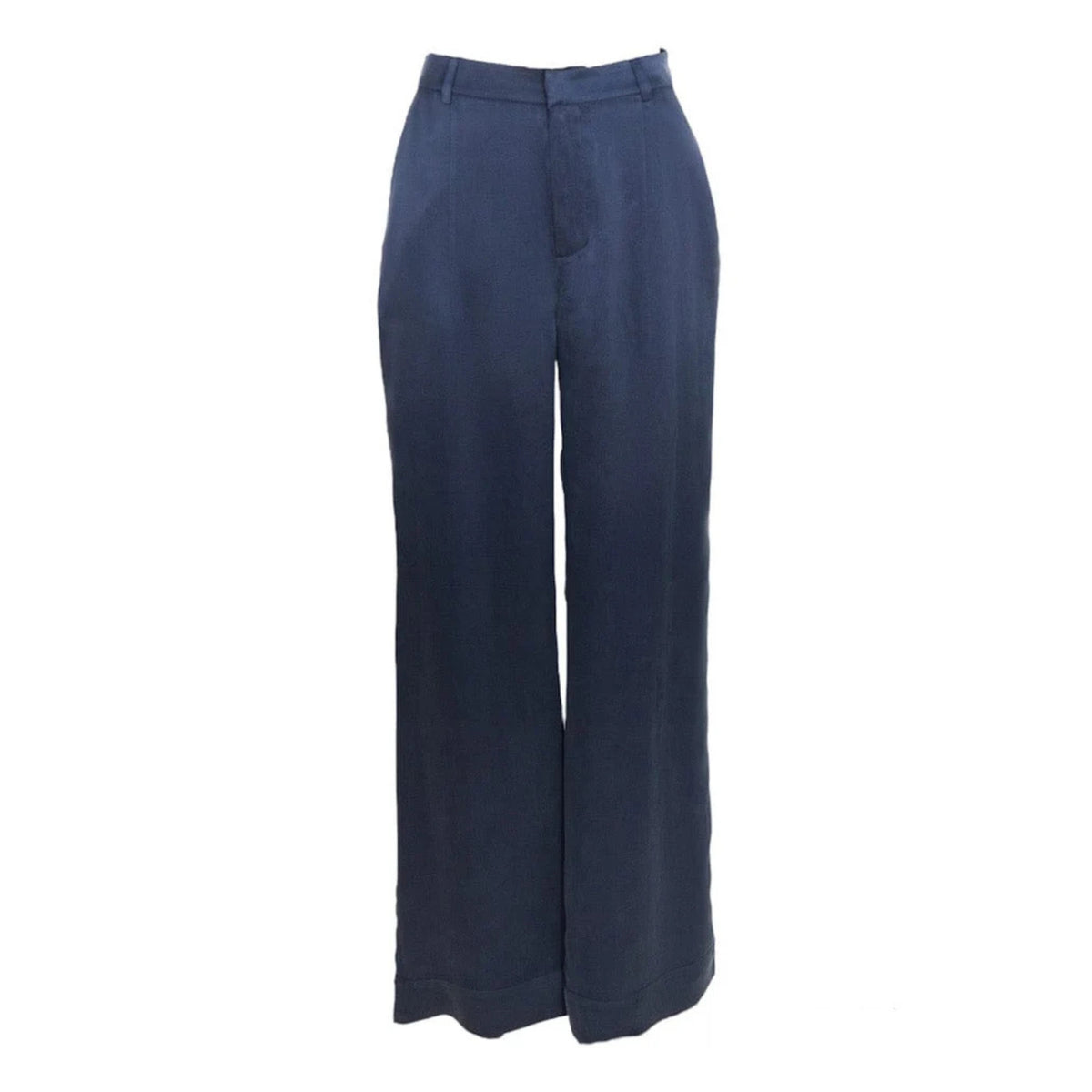 Dark Navy Silk Wide-Leg Pants with Tapered Waist