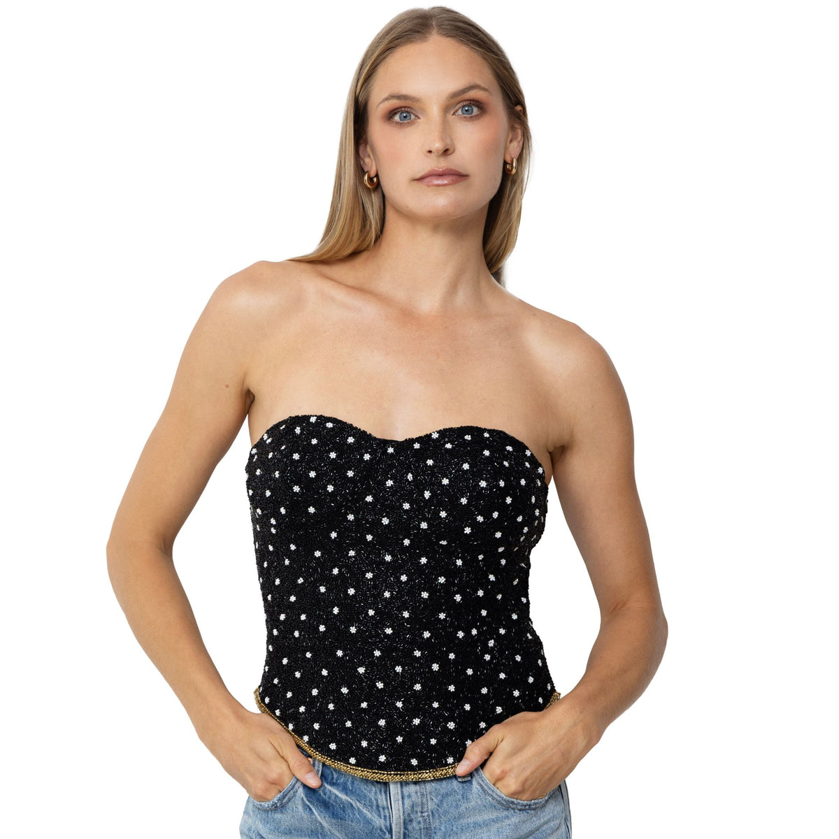Perla Hand-Beaded Embellished Corset Top | Black