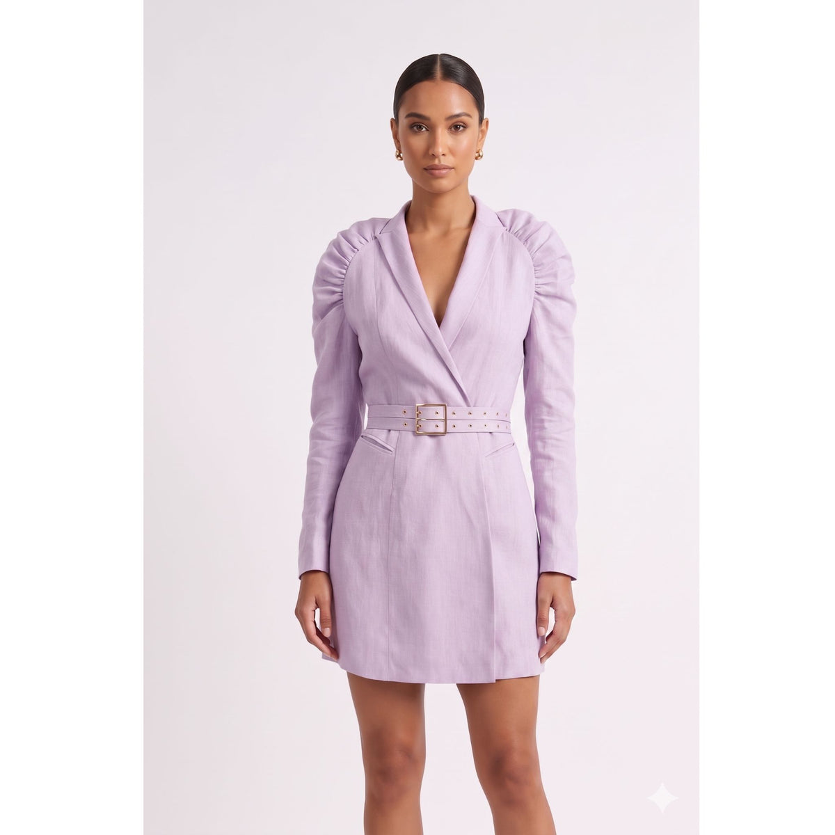 Gathered Raglan Sleeve Linen Blazer Dress With Double Belt - Lilac