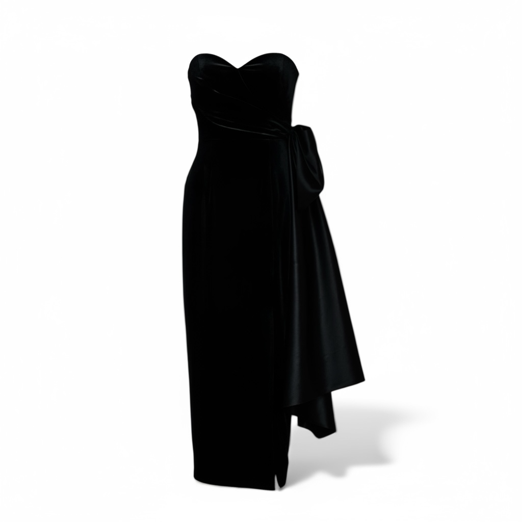 Black Velvet Bow Detail Strapless Gown