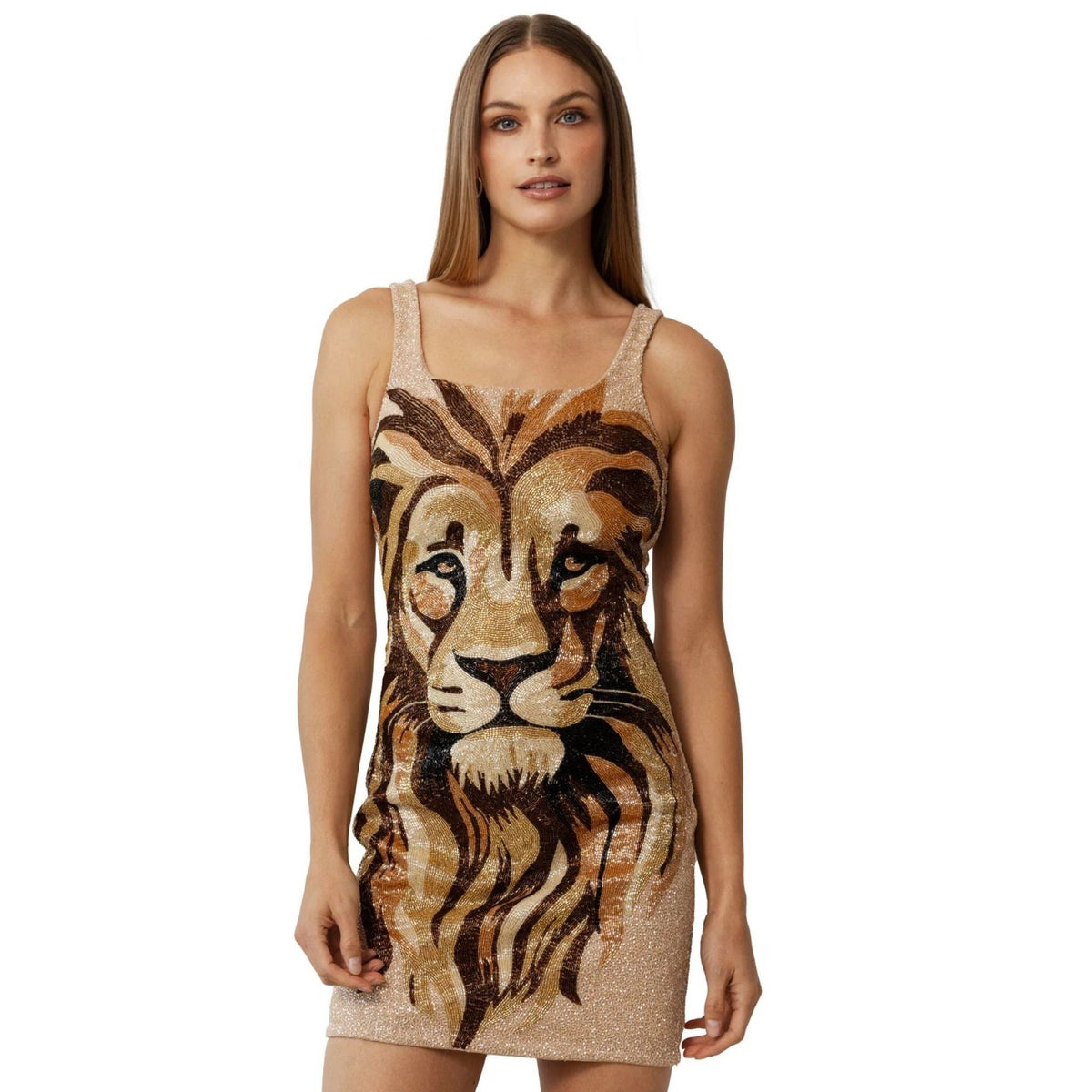 Lion Hand-Beaded Embellished Mini Dress