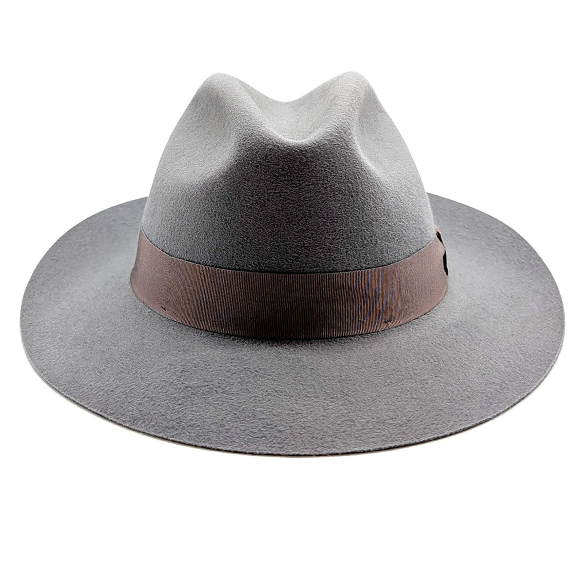 Gray fedora hat with a brown band on a white background