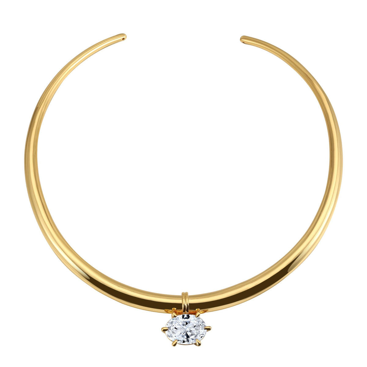 Gold hoop earring with a central gemstone on a white background