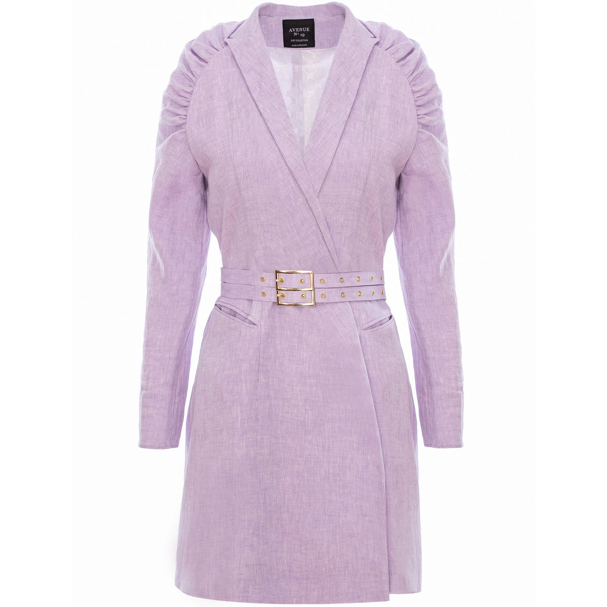 Gathered Raglan Sleeve Linen Blazer Dress With Double Belt - Lilac