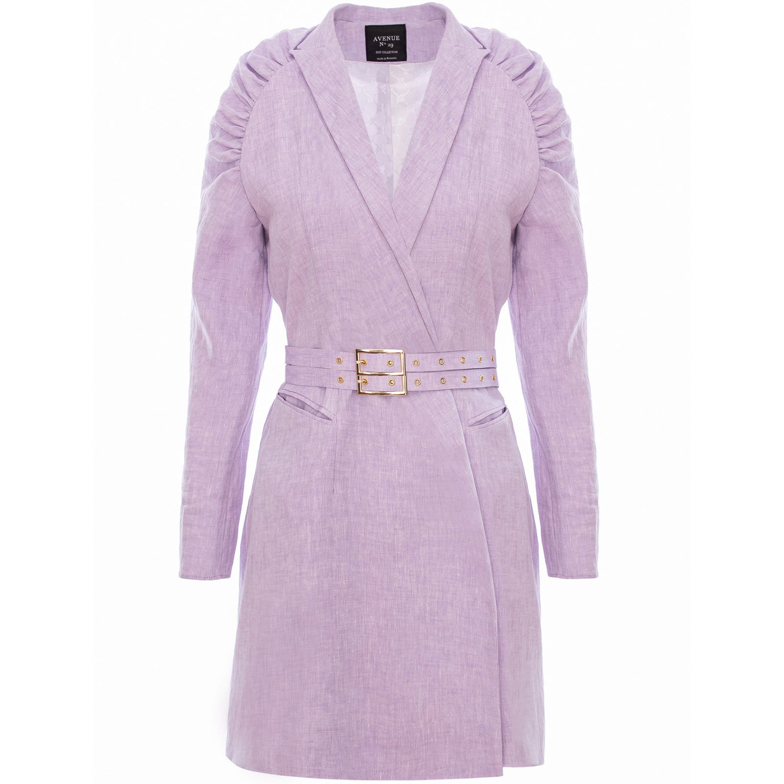 Gathered Raglan Sleeve Linen Blazer Dress With Double Belt - Lilac