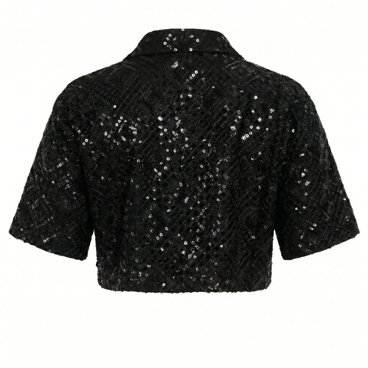 The INTERNATIONAL APPEAL Sequin Co-Ord Crop Shirt (PR Sample) is a black, cropped short-sleeve shirt with all-over shiny sequins, collar, and textured pattern, shown from the back against a white background.