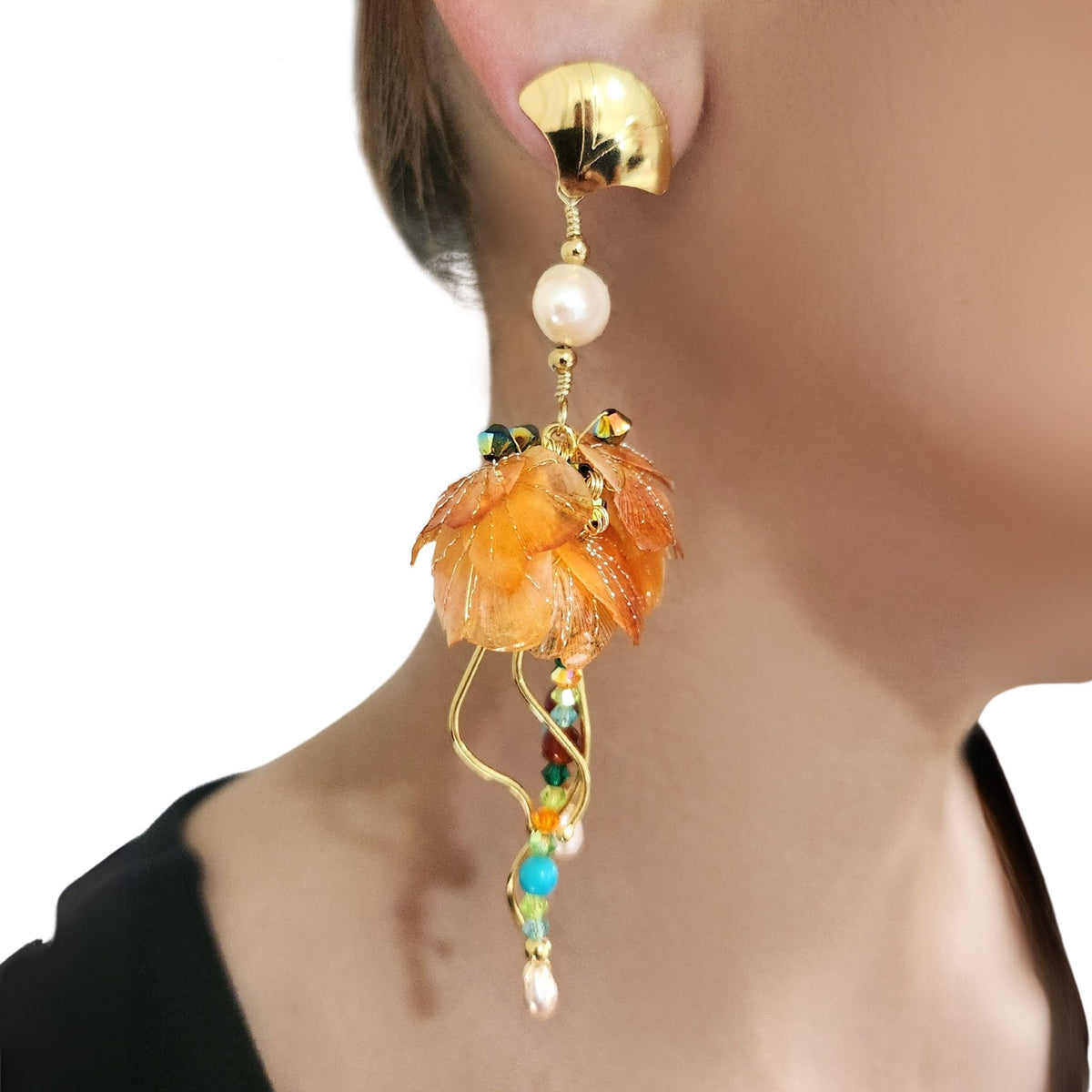 Model ear wearing earrings  in close up