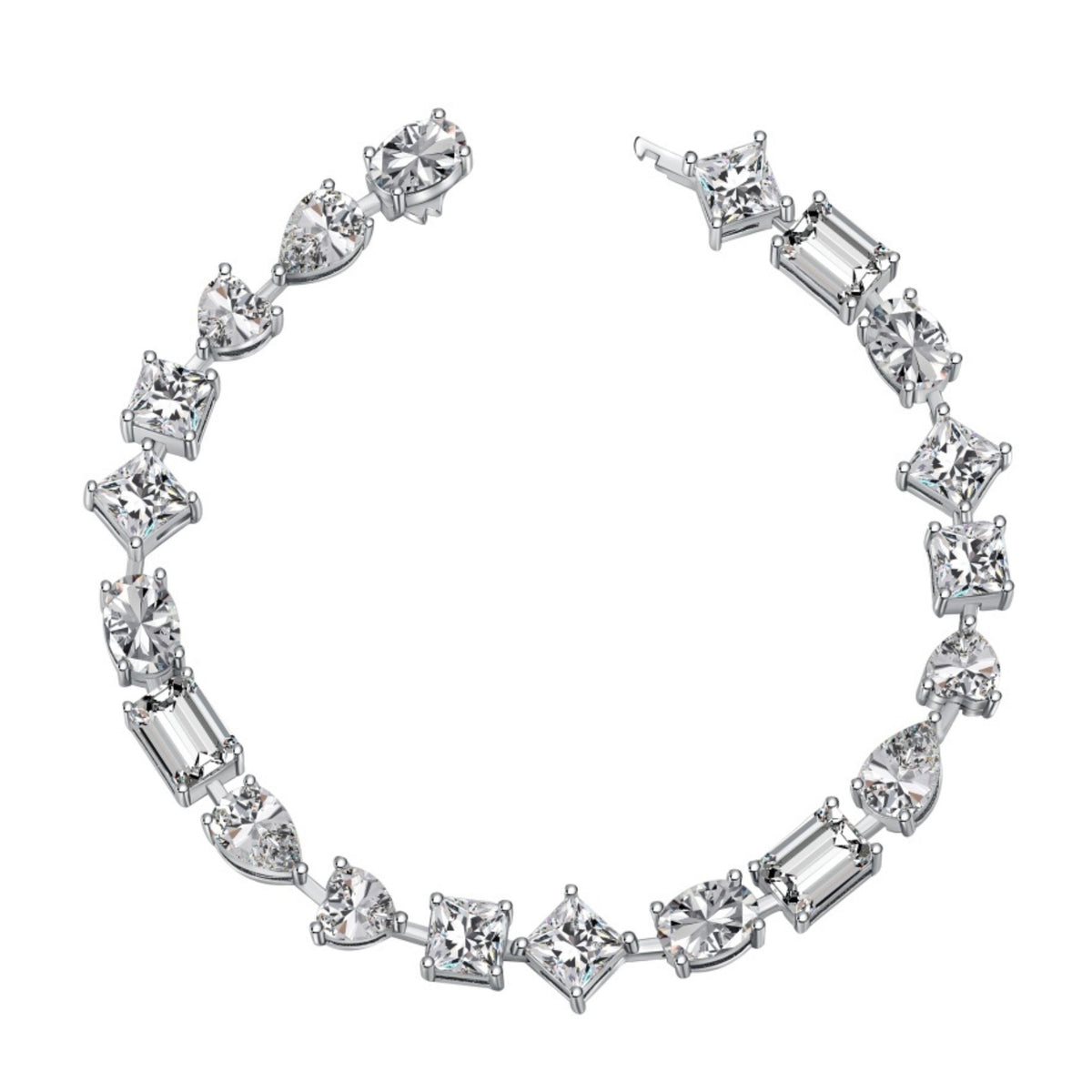 Diamond bracelet with various cut diamonds on a white background