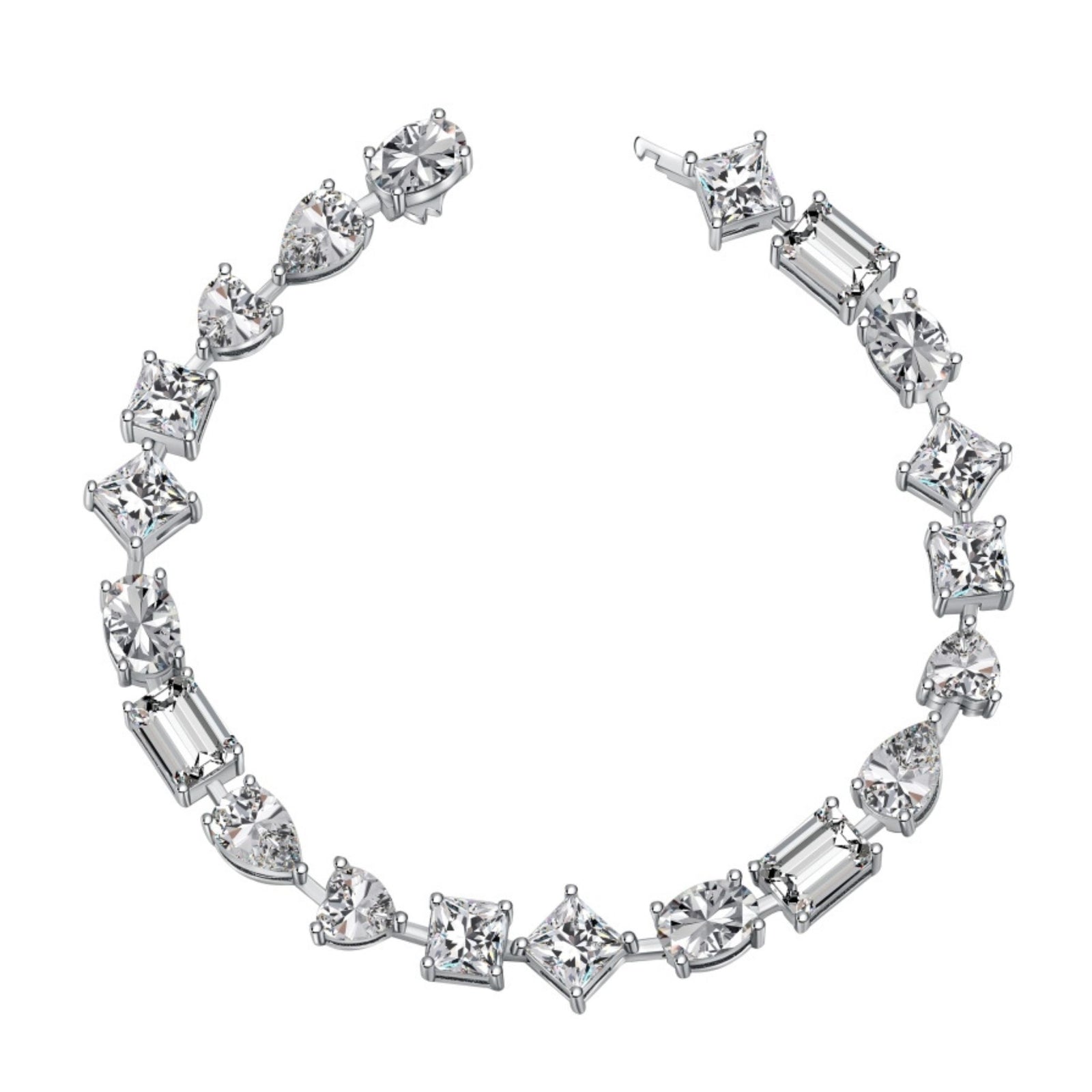 Diamond bracelet with various cut diamonds on a white background