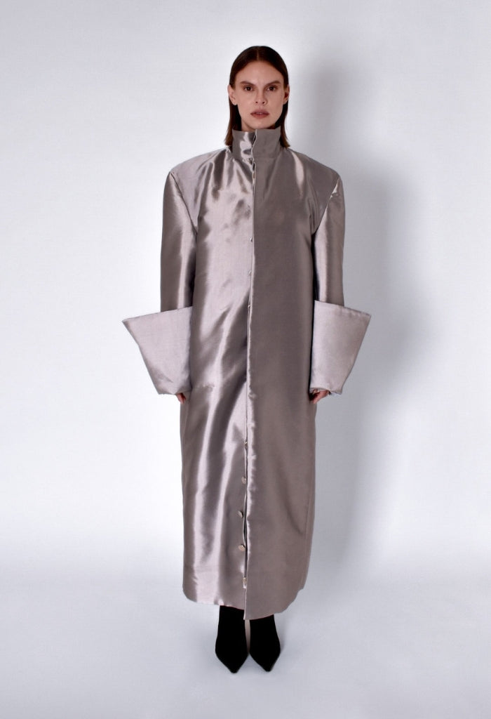 TANIA ORELLANA - Glaciar Coat | Silver PR Sample at DOORS NYC PR showroom