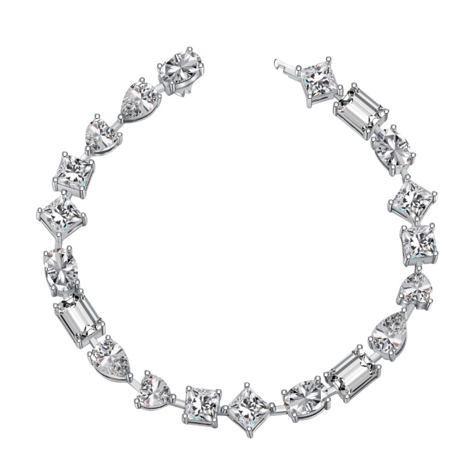 Diamond bracelet with various cut diamonds on a white background