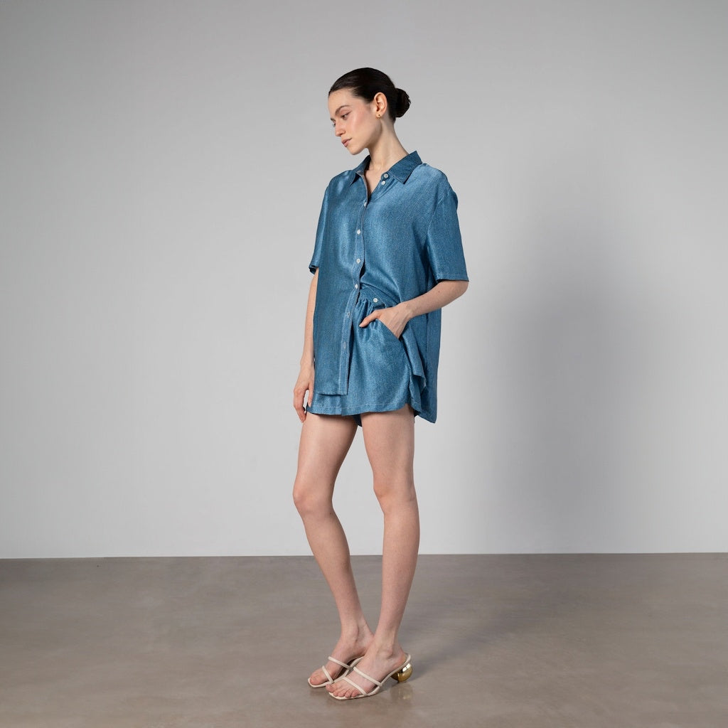 Light Denim Print Silk Shorts with Pockets