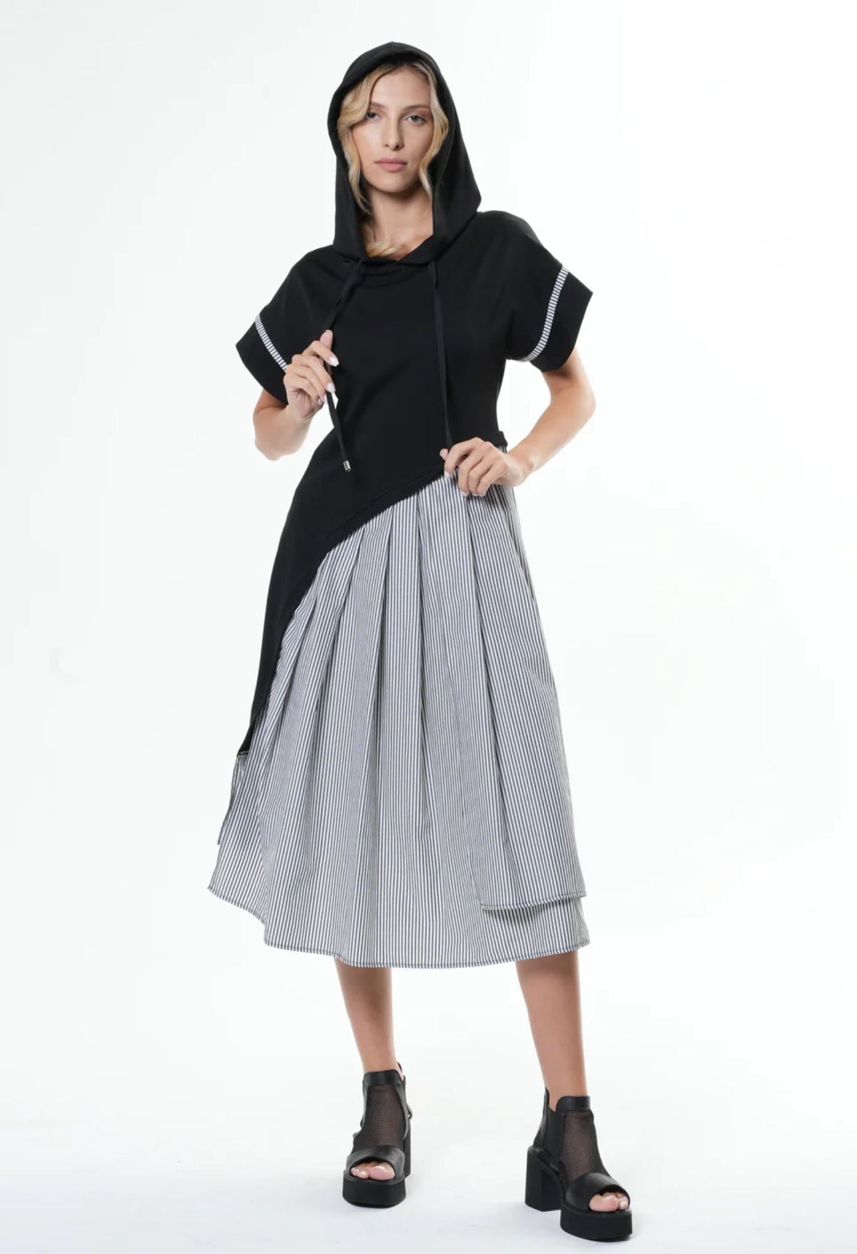 METAMORPHOZA - Asymmetric Hooded Dress With Short Sleeves In Gray | PR Sample at DOORS NYC